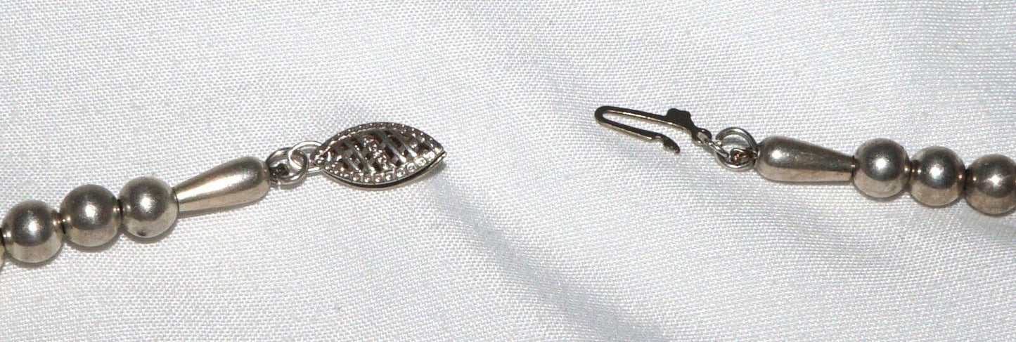 Vintage Silver Dark Tone Beaded Necklace w Fish Clasp - 40 inches (QuC)
