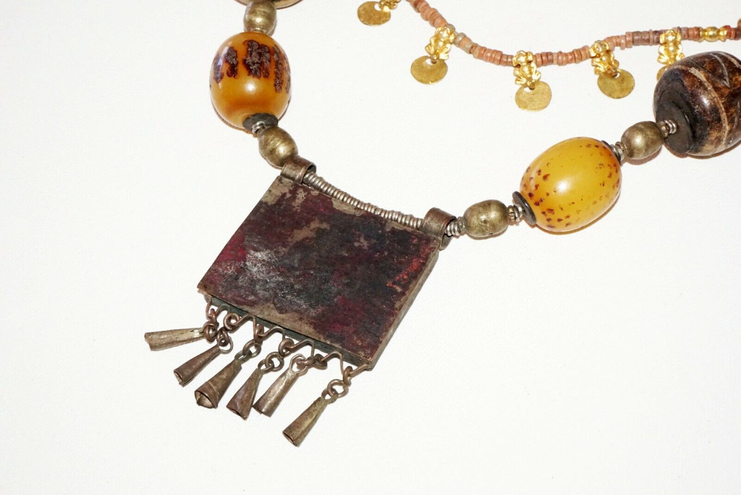 3x Vintage S.E. Asian Tribal Bead Necklaces, Amber, Bone, Shell, Brass (***) L