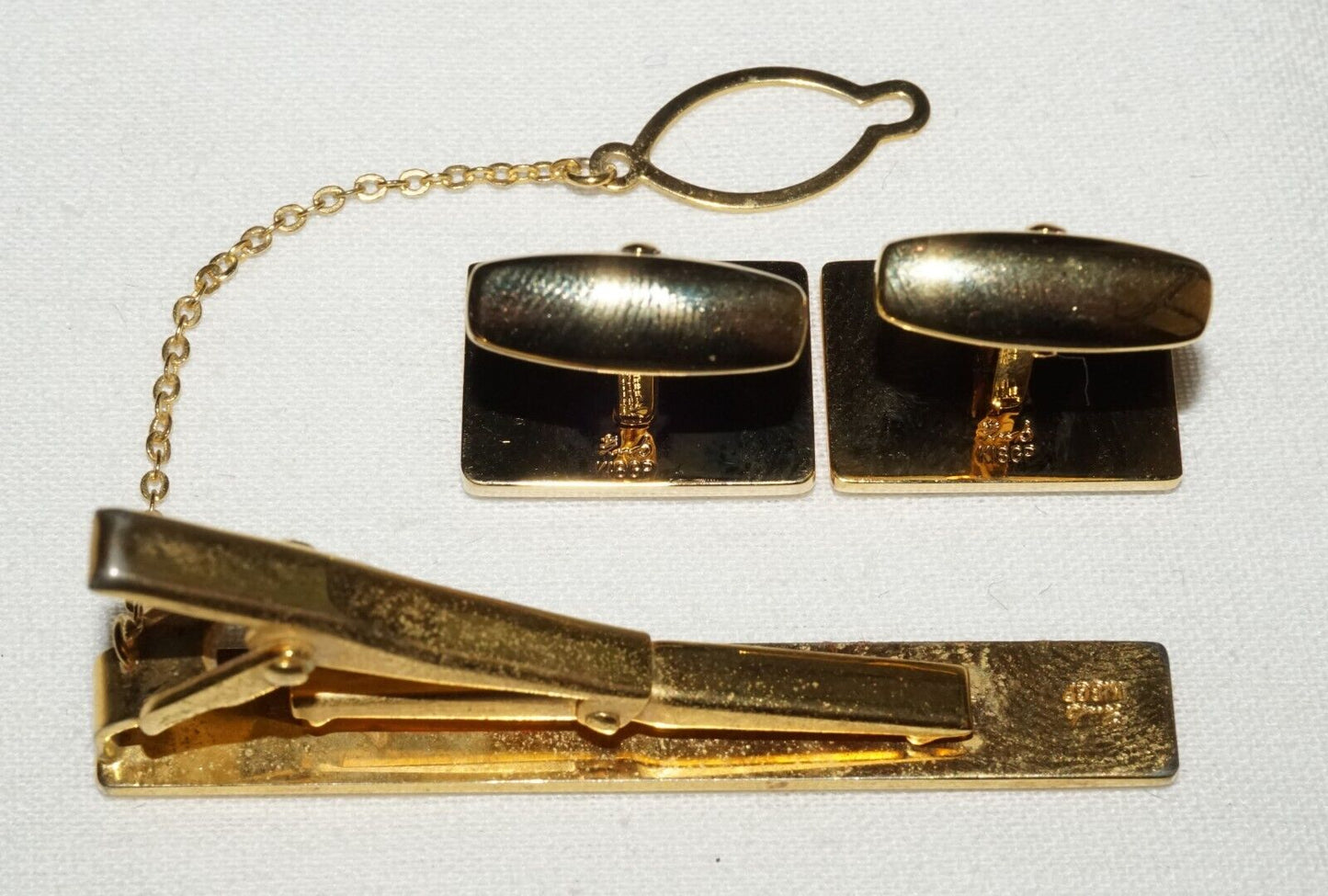 3Pc Japanese 18k Gold Plated Tie Clasp & Cufflinks w. Lacquer Flower Motif (OdC)