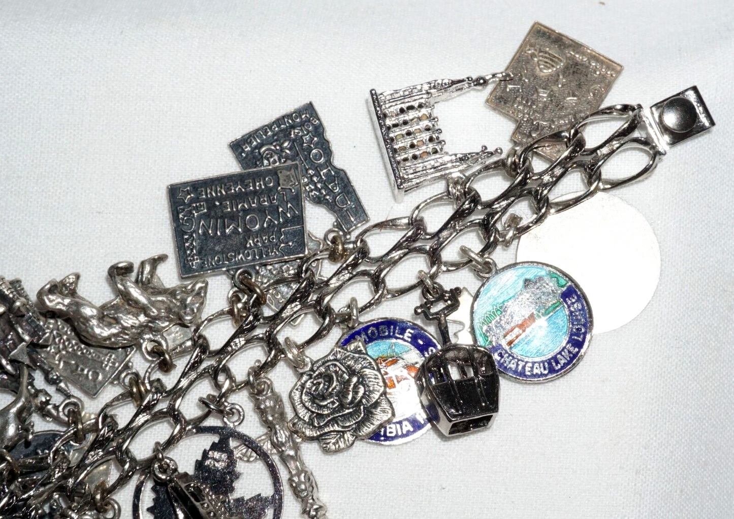 Vintage Sterling Silver Charm Bracelet w. 40x Travel & US State Charms (BrM)#6