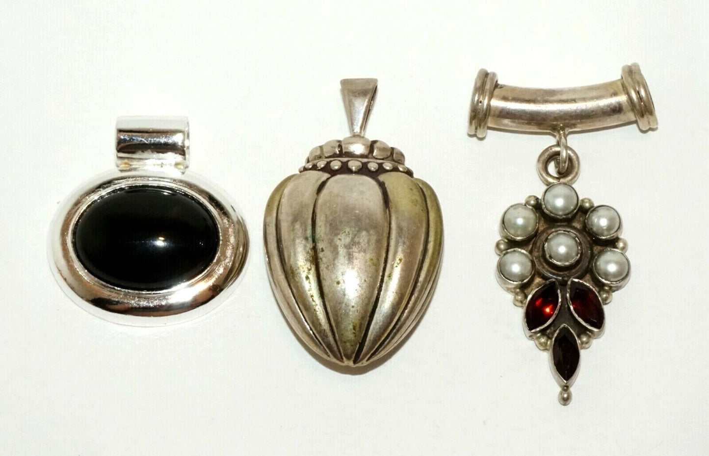 3Pc Vintage Sterling Silver Pendant Lot w. Garnets, Pearls & Onyx (HaL)#16