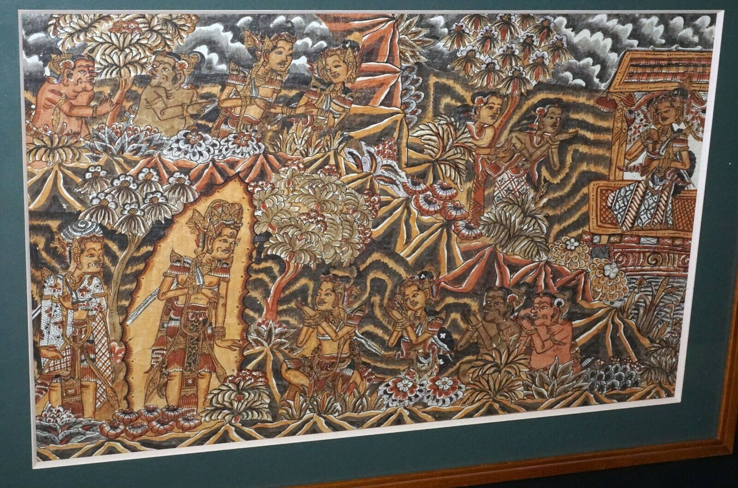 40s Balinese Koa Framed Folk Painting "Figures & Temples" unsigned (AsL)