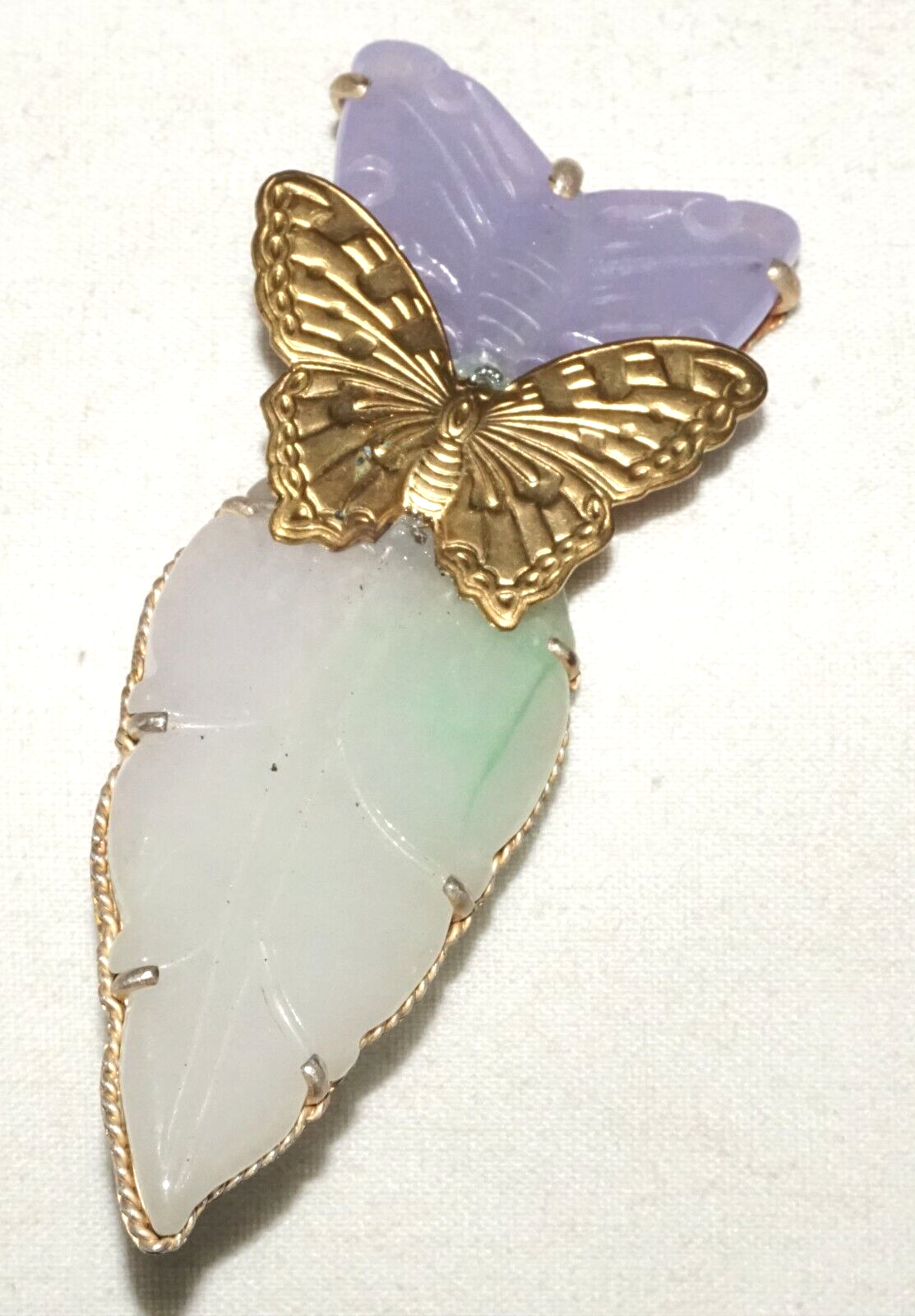 Vintage Chinese Fashion Lavender Jade Butterfly & Leaf Brooch Pendant (LeP)