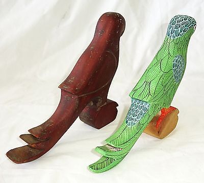 2x 1980s Haitian Wooden Parrot Bird Carvings Sculptures (Stea)