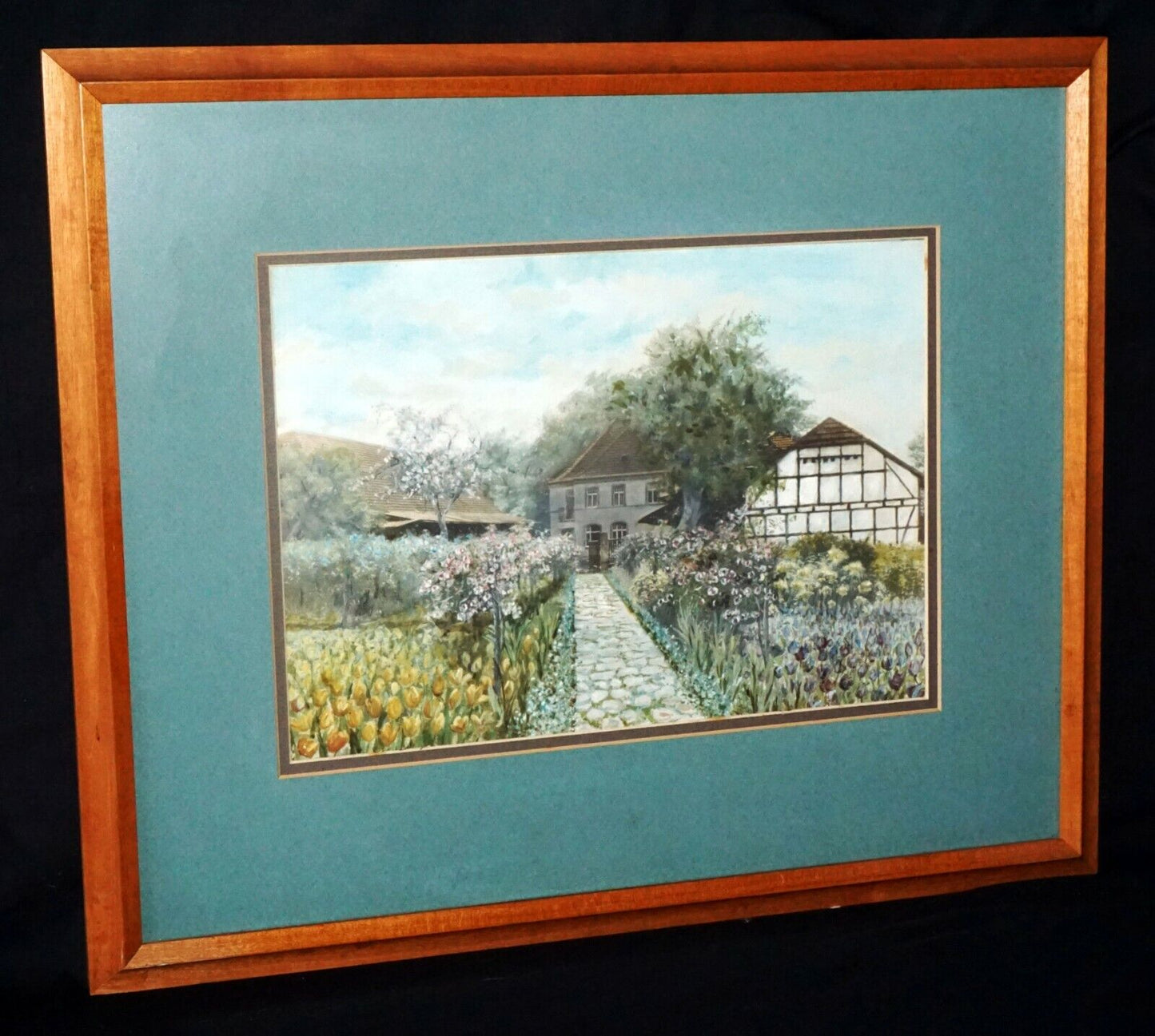 German Koa Framed Watercolor Painting Farm w. Flower Lined Path unsigned (TaE)