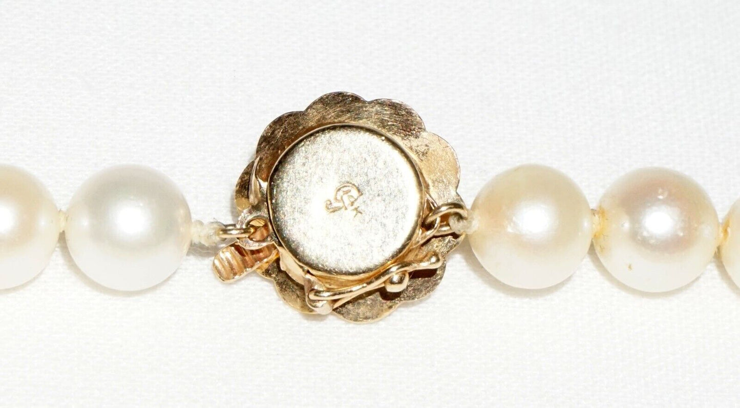Vintage Single Strand Pearl Necklace 31" w 14k Yellow Gold Flower Clasp (BiB)