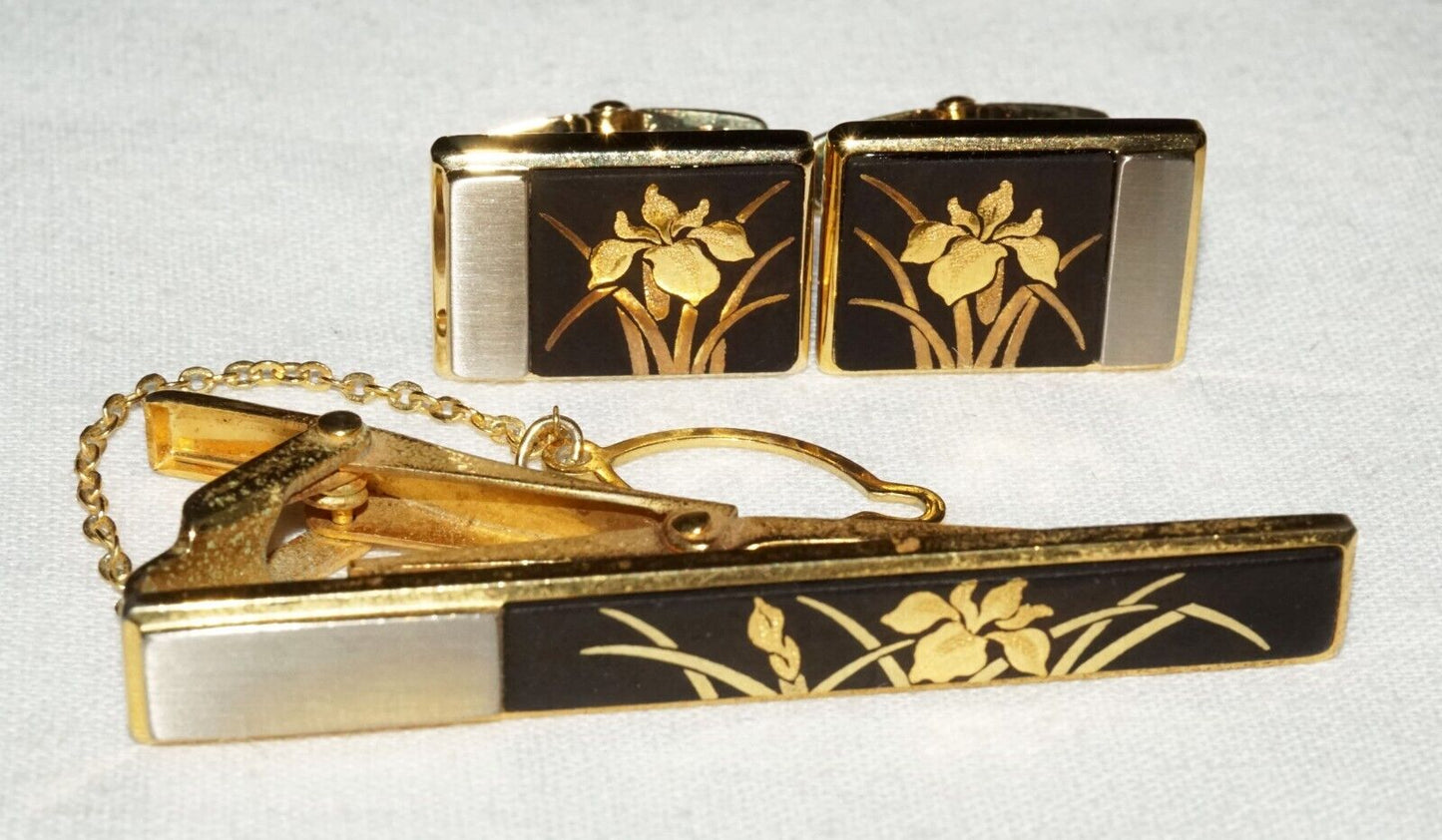 3Pc Japanese 18k Gold Plated Tie Clasp & Cufflinks w. Lacquer Flower Motif (OdC)