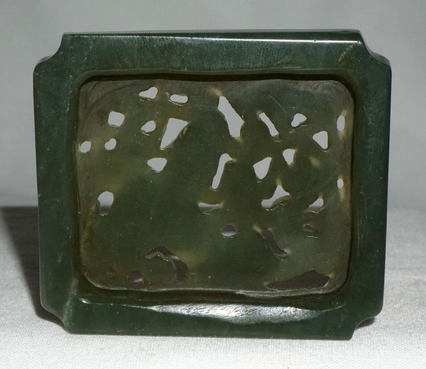 Antique Chinese Dark Green Nephrite Jade Pierced Cover Dragon Lingzhi Bat (---)