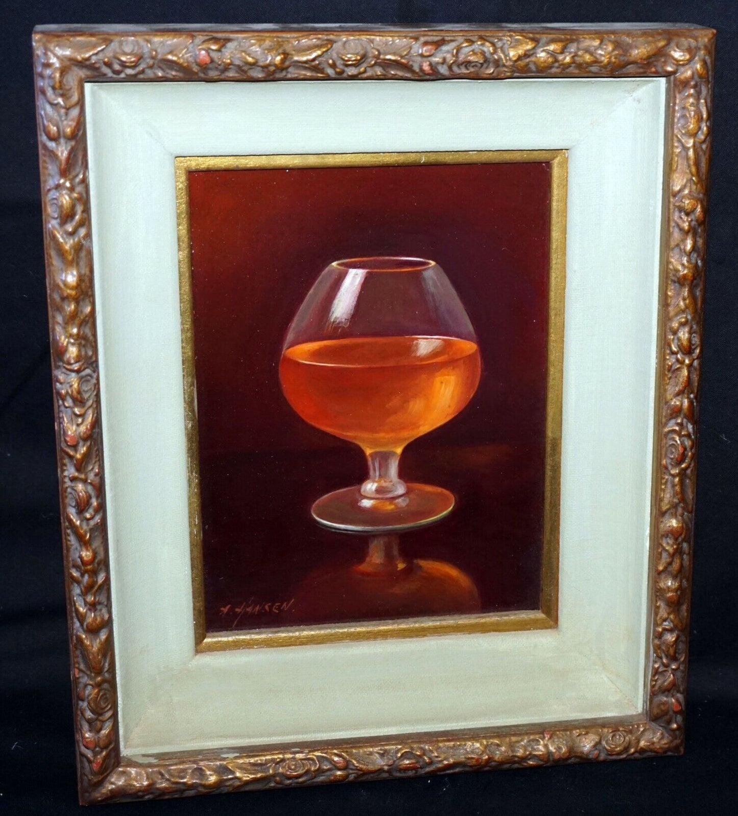 Vintage US Framed Oil Still Life Painting Cognac Sniffer by A. Hansen (FeO)