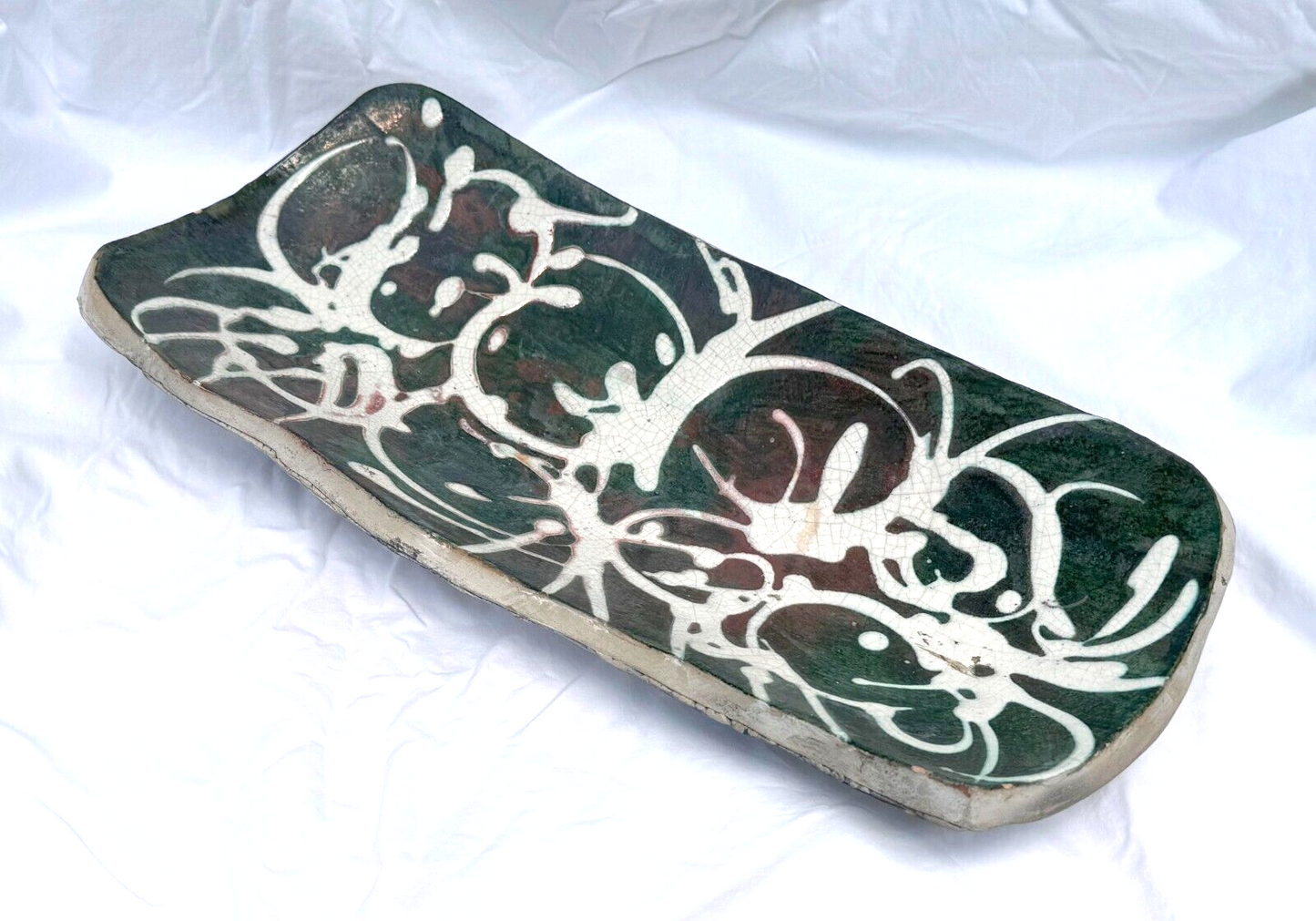 Vintage Abstract Deep Red & Green Swirled Ceramic Platter by David Kuraoka (MoM)