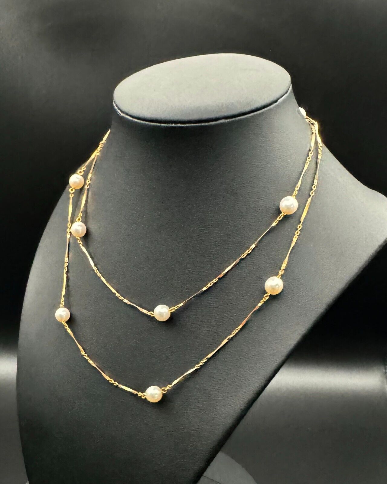 18k Yellow Gold & Bar & Bead Pearl Necklace 31" w Spring Ring Clasp (MeK)