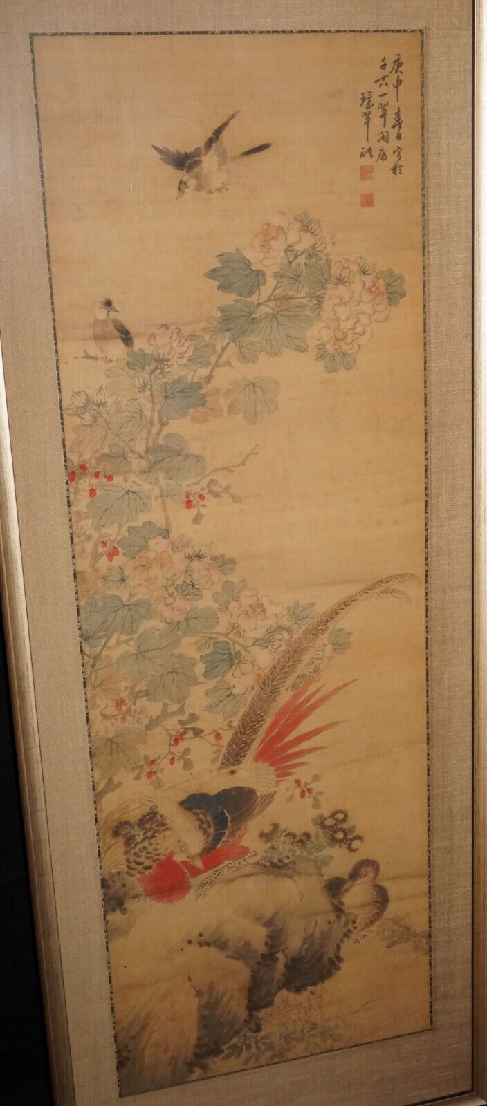1800 Chinese Framed Painting Scroll Birds on Flowering Branch by Huan Chi (CWo)