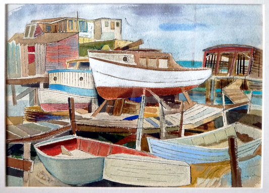 1948 Hawaii Watercolor Painting Boat Harbor II by Keiichi Kimura (1914-88) (PeN)