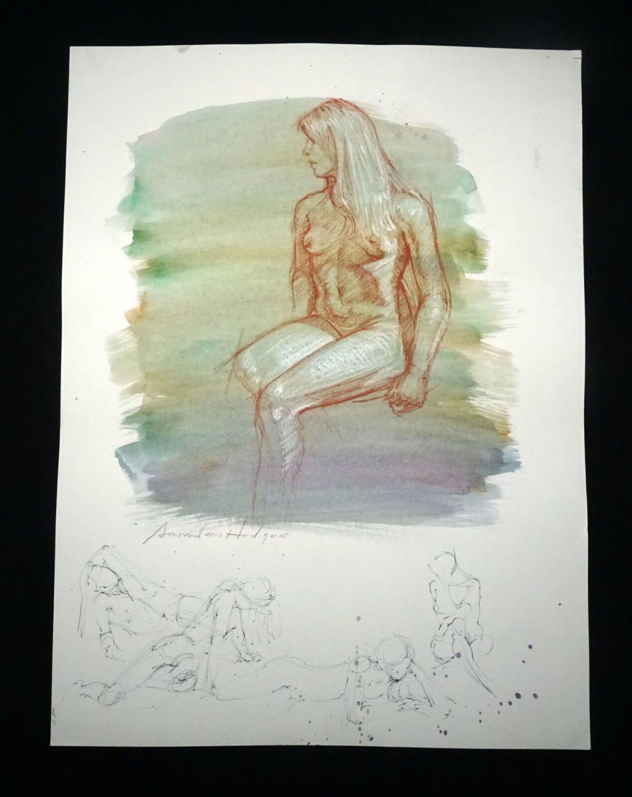 Hawaii Mixed Media Wash Painting Seated Female Nude by Snowden Hodges(Sho)#101