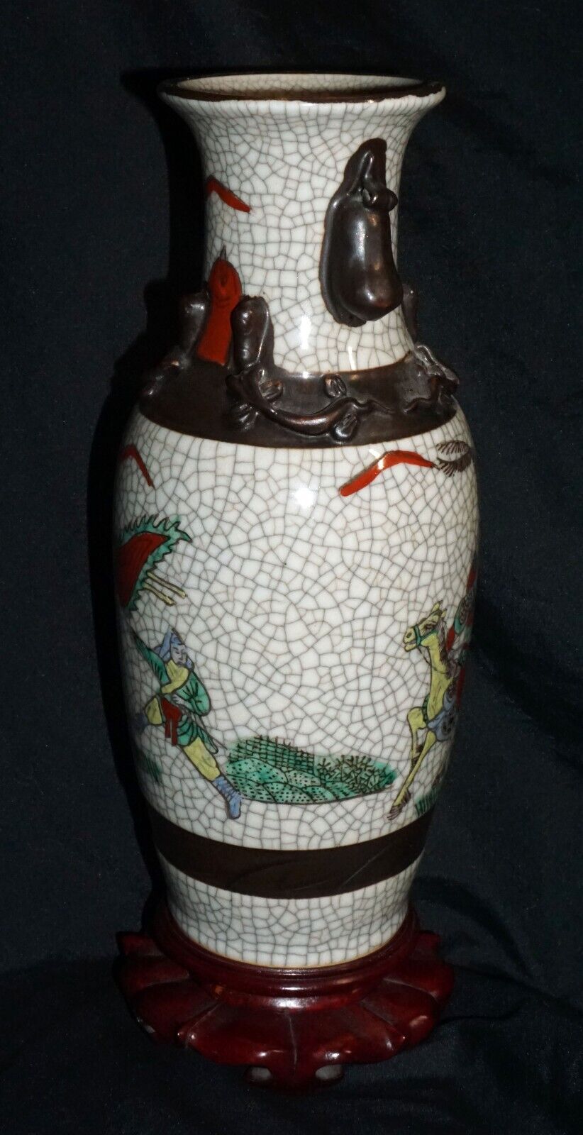 1900 Chinese Pottery Vase w. Crackled Finish Warrior on Horses Motif (ChT) IC