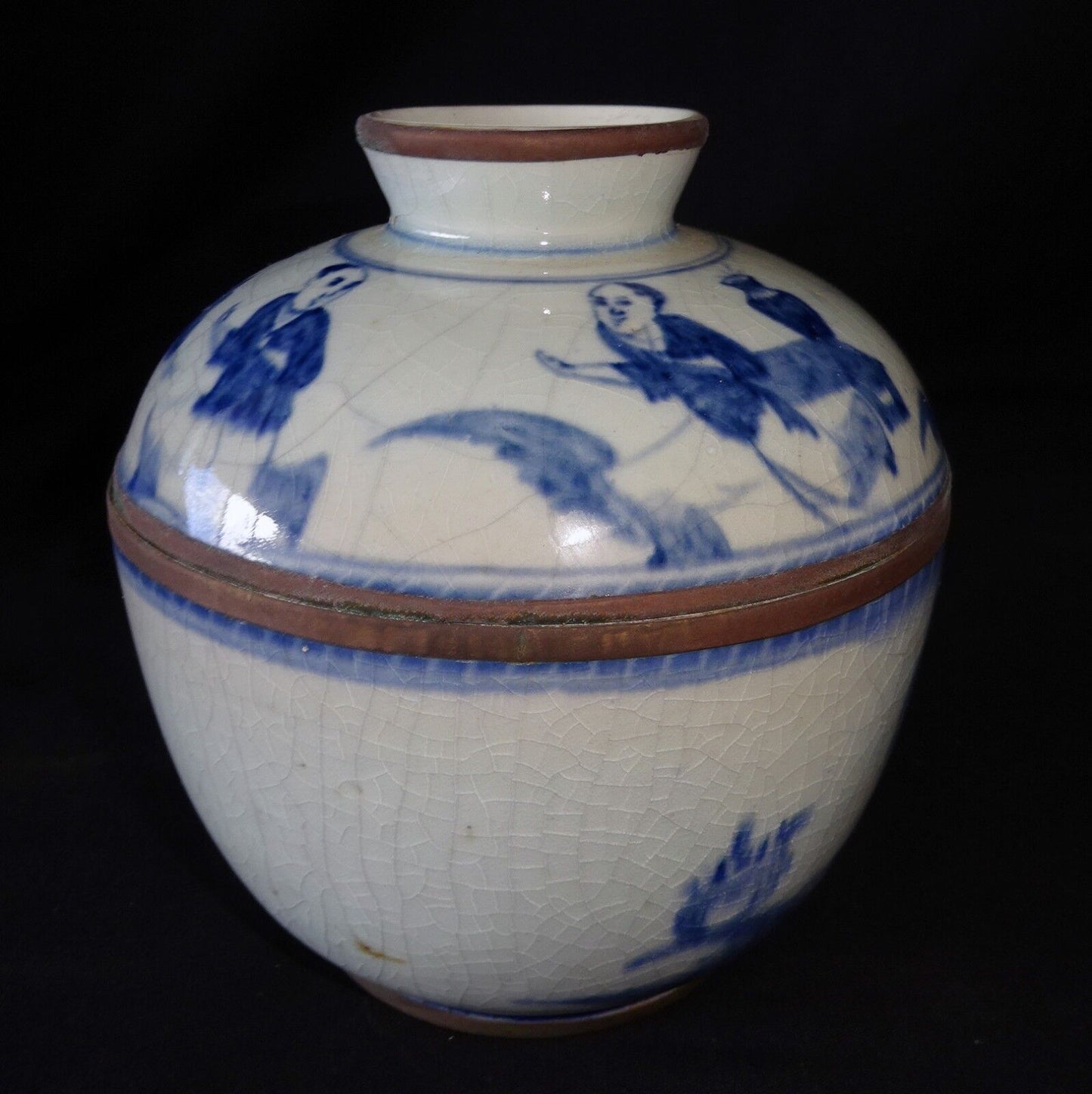 19C Chinese Blue & White Design Covered Pot w. Figures in Landscape Motif (Drc)