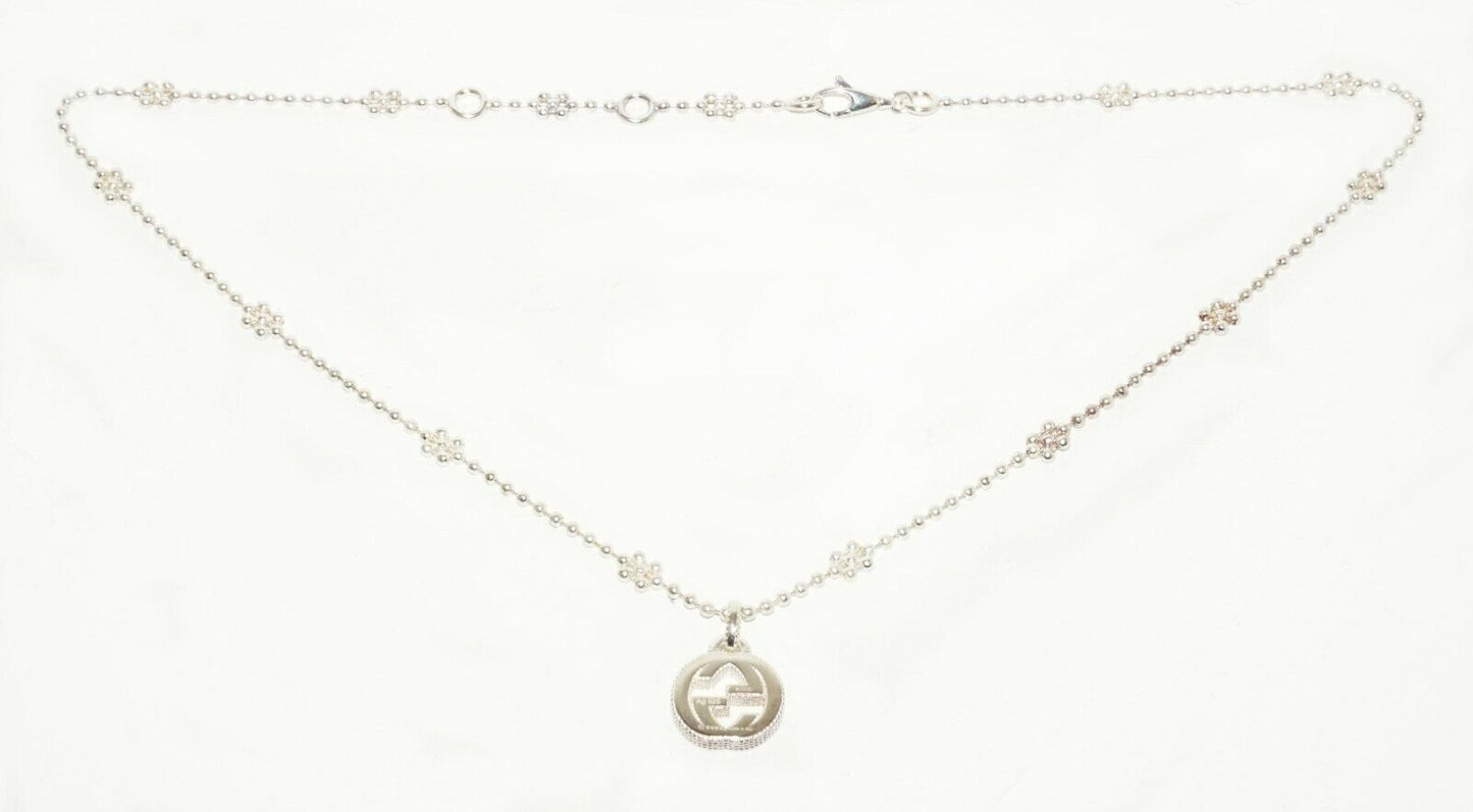 Italy Sterling Silver Interlocking G Pendant Necklace w Flower Chain Gucci (LeP)