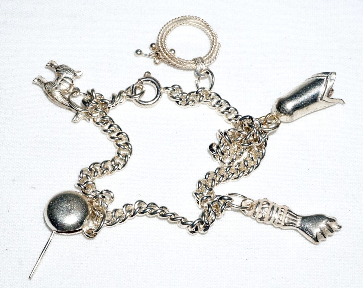 Vintage Unmarked Silver Charm Bracelet w. 5x Charms Lama Bell Oil Can (BrM)#6