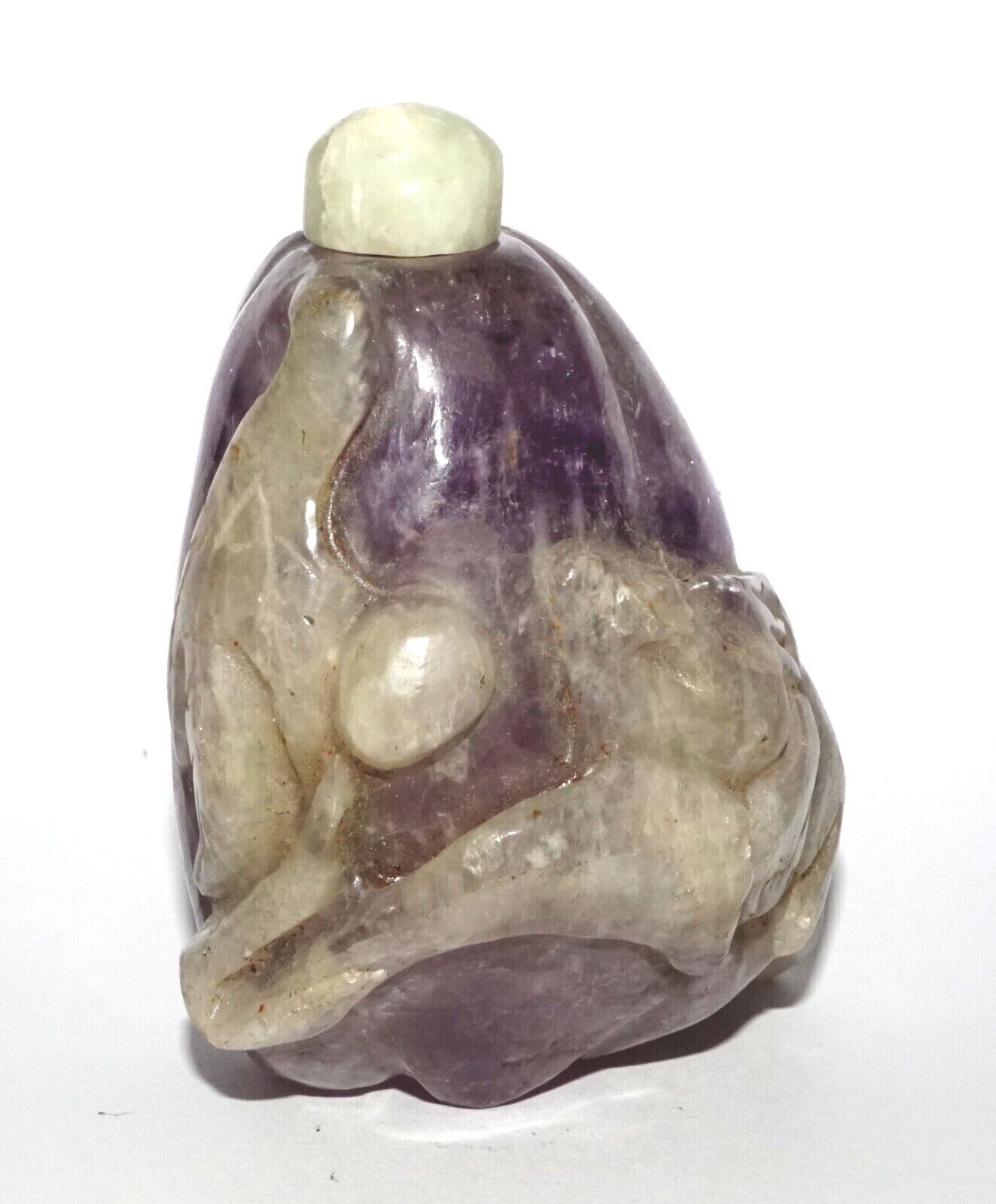 Vintage Chinese Purple Fluorite Carved Snuff Bottle w. Stone Stopper (LeS) G12