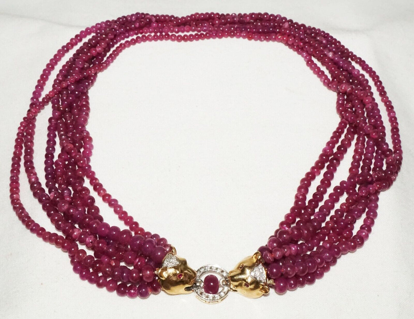 Vintage 7x Strand Ruby Bead Necklace w. 14k Y. Gold Double Leopard Clasp (LeD)