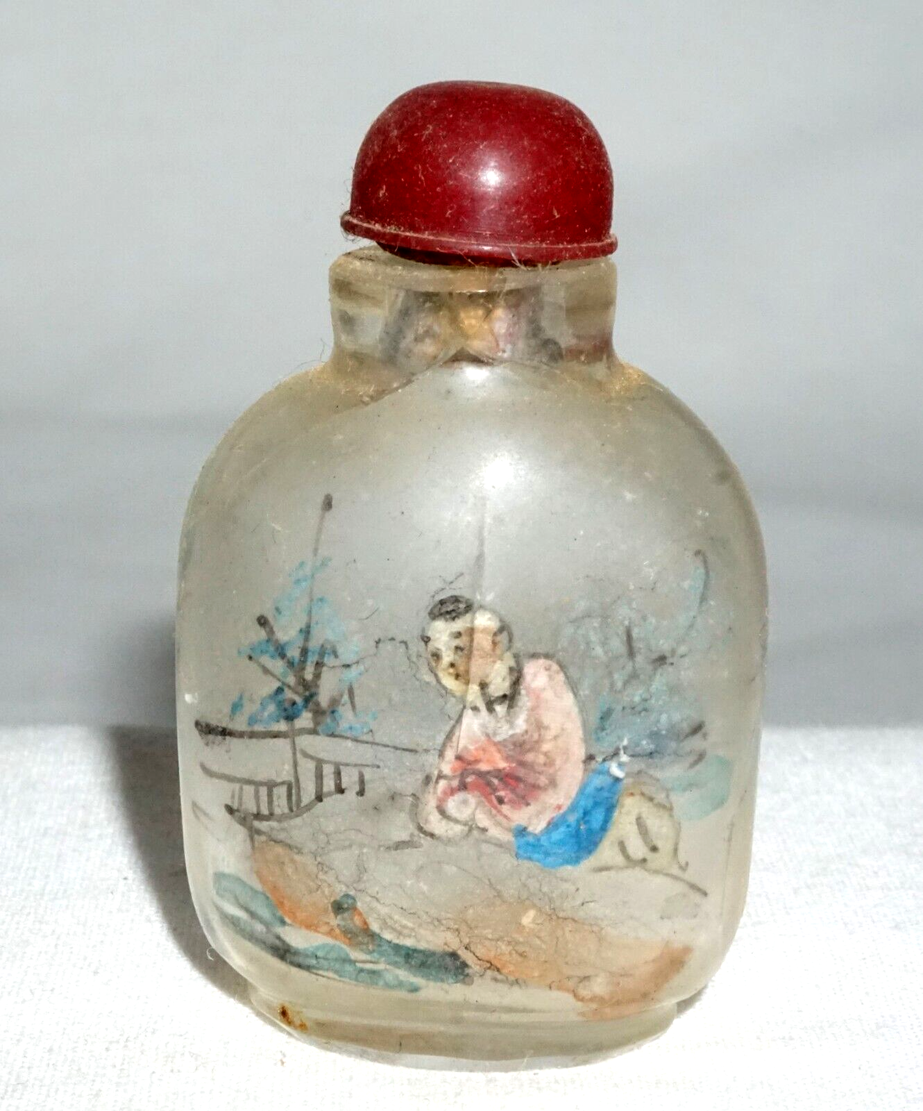 Vintage Chinese Reverse Painted Glass Snuff Bottle w. Figure Landscape (LLA) IC