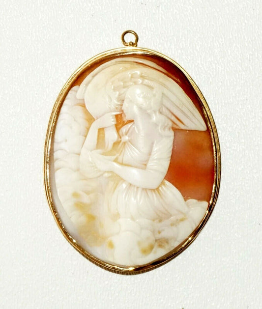 Vintage Gold Plated Large Shell Cameo Pendant w. Hebe Feeding Zeus Motif (TaE)14