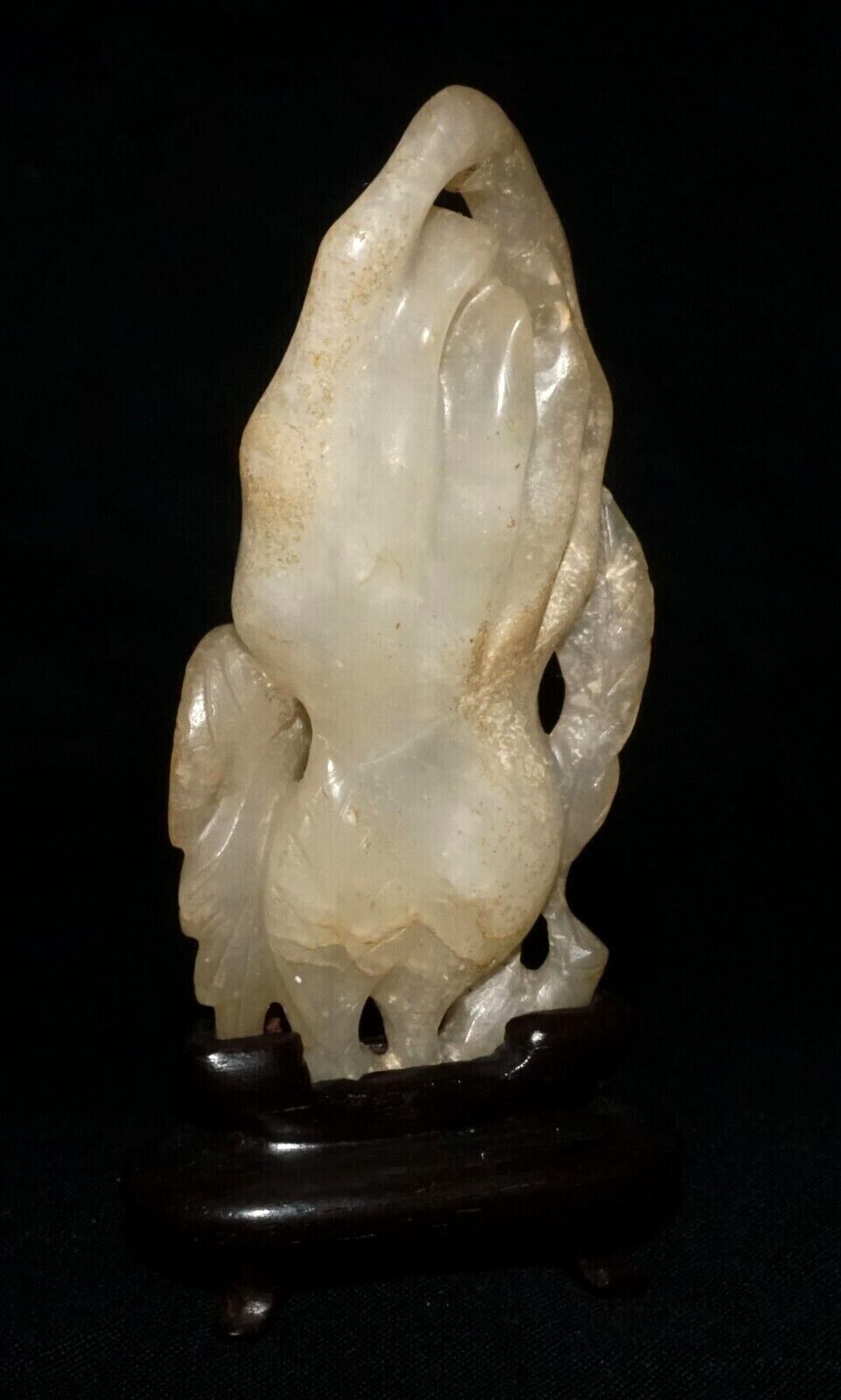 Antique Chinese Yellow Jade Buddha Hand Lemon & Bat Carving Fitted Stand (FeH)