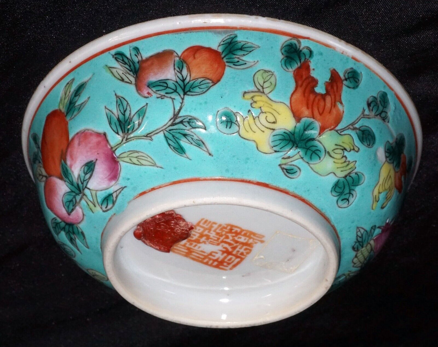 Antique Chinese Porcelain Bowl Multicolor Fruit Turquoise Ground Motif (WCa) IC