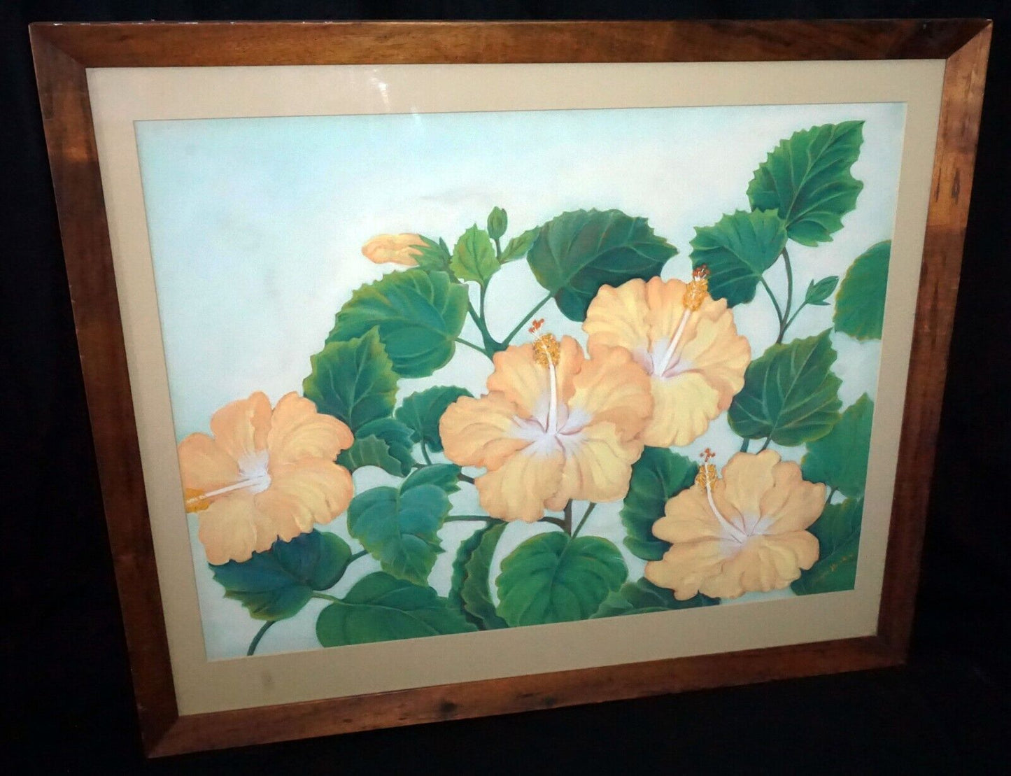 1950s Hawaii Koa Watercolor & Pastel Painting Hibiscus by Maude Horton (New)