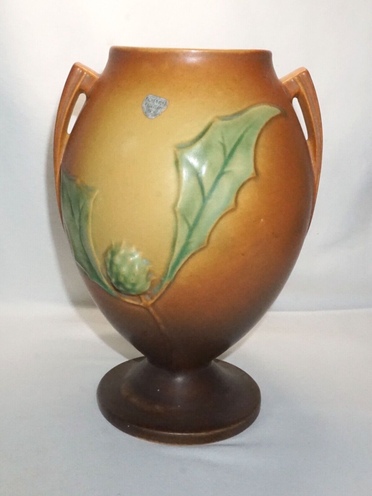 Vtg Roseville Thornapple Pottery Vase Pumpkin Orange Brown 2 Handle 820-9 (NeW)