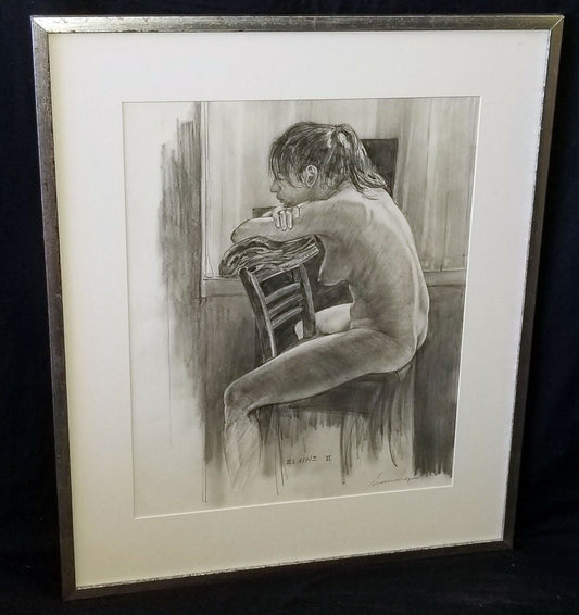 Hawaii Framed Charcoal Painting Seated Nude Elaine II by Snowden Hodges (Sho)