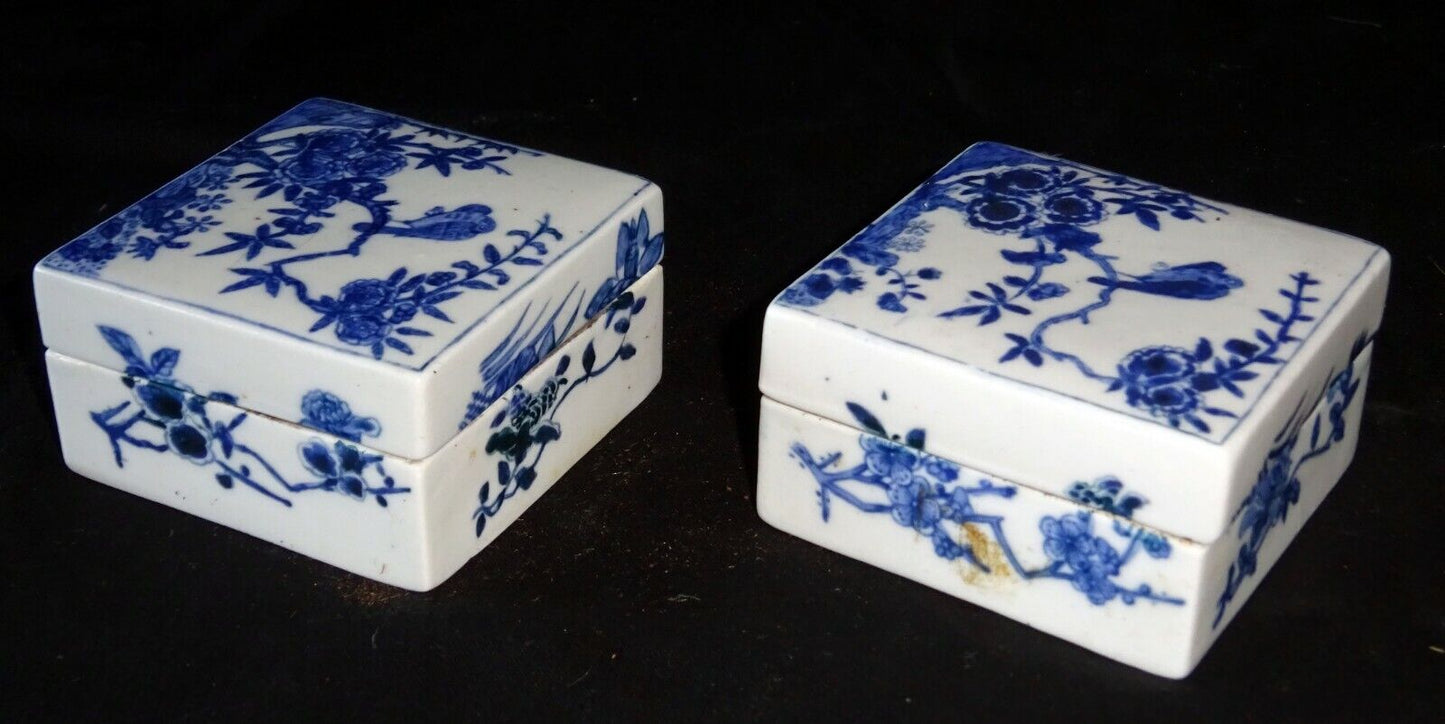 Pair 19C Chinese Blue & White Square Porcelain Boxes Bird & Flower Motif (HeN)