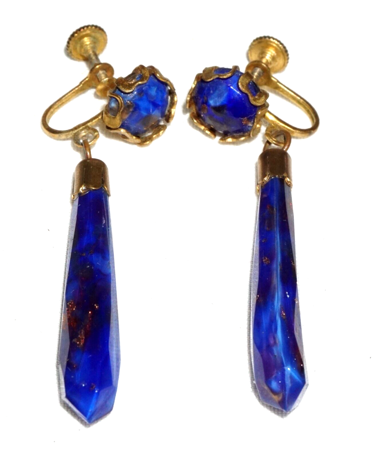 Vintage Yellow Gold Dangle Earrings set w. Blue & Gold Synthetic Accents (***)