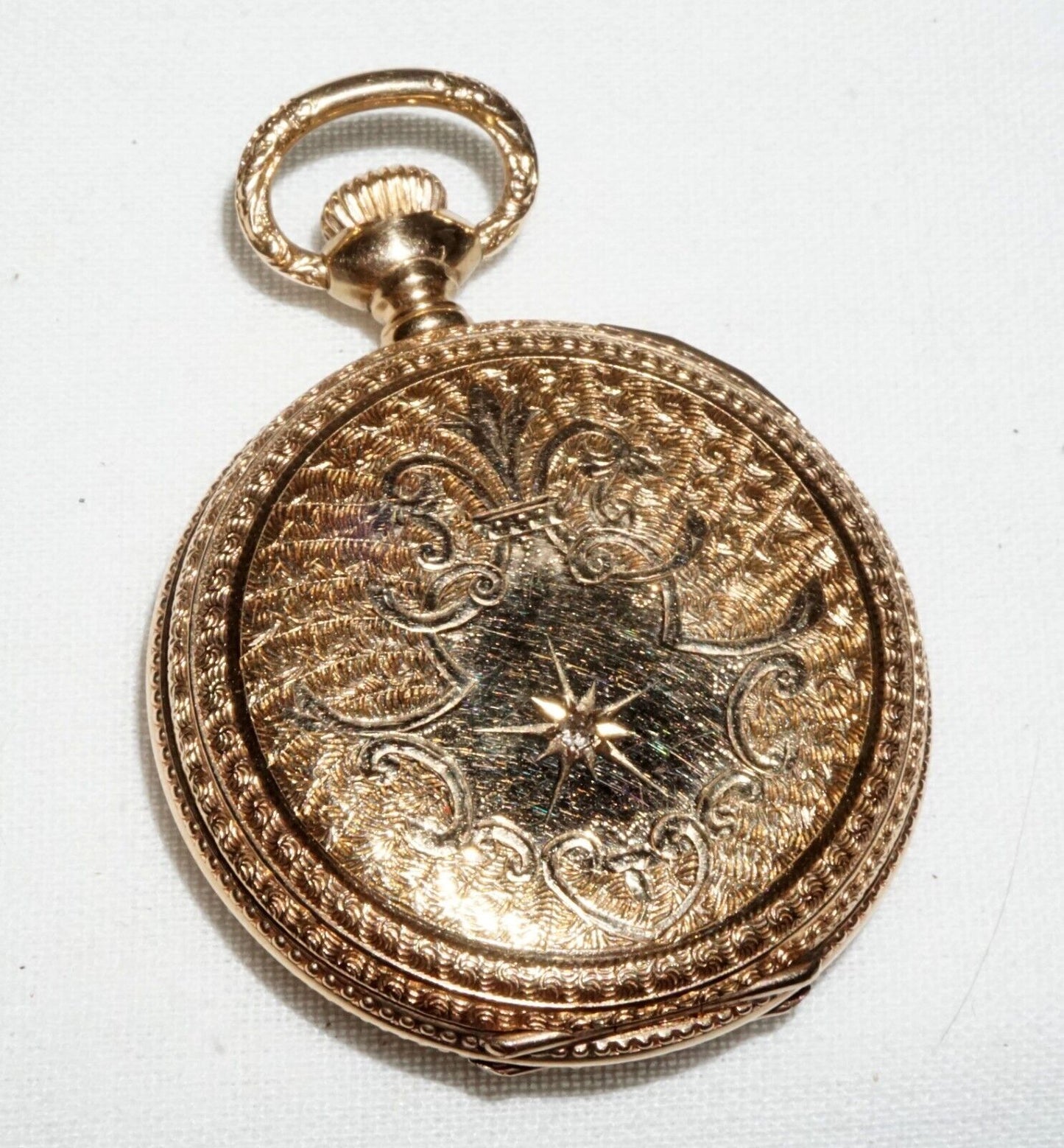 1900 US 14k Yellow Gold Full Hunter Ladies Pocket Watch w. Diamond Elgin (GeB)#3