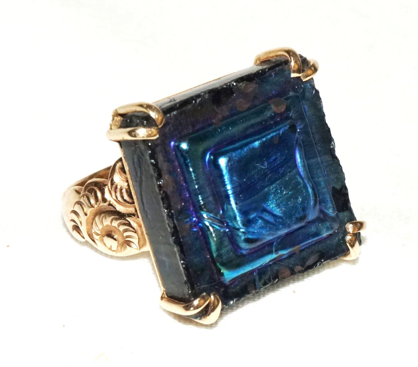 Vintage 14k Yellow Gold Ring Sz.7 w. Blue Enameled Stepped Lacquered Tile (PaS)