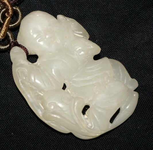 Antique Chinese White Jade Boy Holding Peach Branch Pendant & Necklace (LeS)L24