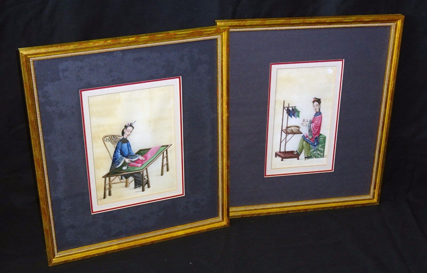 2x 19C Chinese Framed Qing WC Paintings on Pith of Seated Fine Ladies (Sul) G#1