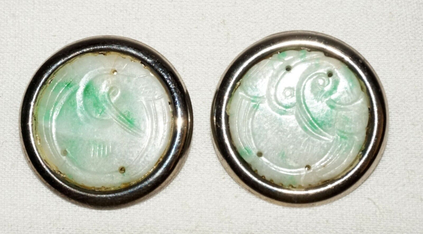 Vtg Sterling Silver White & Apple Green Jadeite Jade Button Ear Clips (LeS)L24