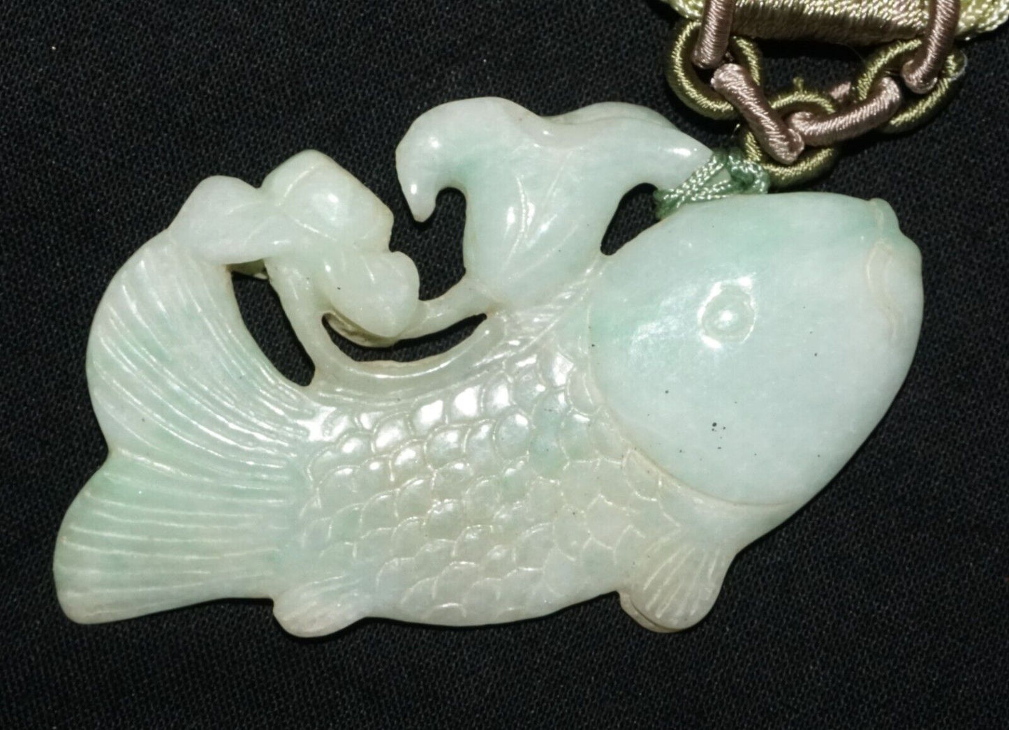 Vintage Chinese Jadeite Jade & Carp & Lotus Motif Carved Pendant (LeS)L23