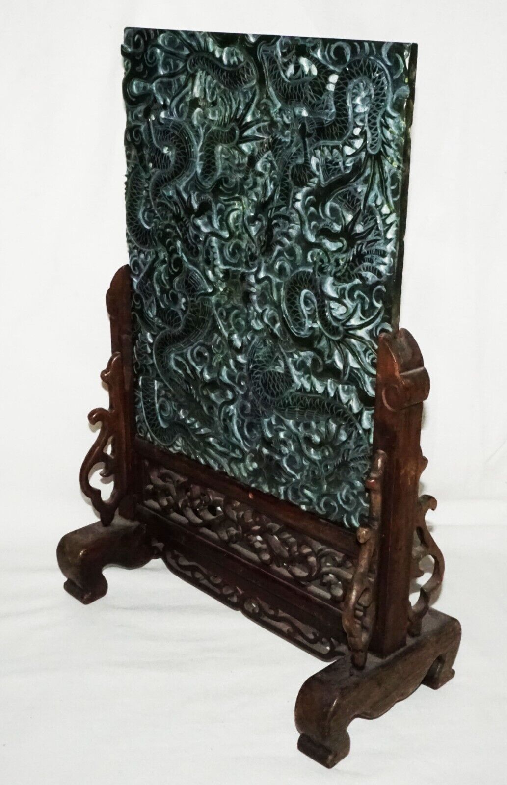 Vintage Chinese Nephrite Jade Table Screen w. Relief Writhing Dragon Stand (LeD)