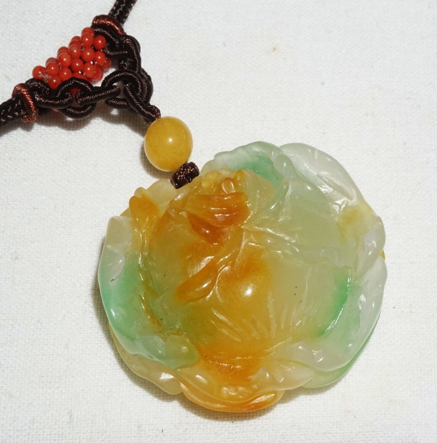 Vintage Chinese Semi Translucent Jadeite Jade Pendant w. Flower Motif (---)