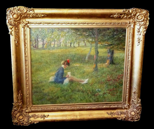 1910s Gilt Framed Oil Painting "Girl in the Meadow" by Emmet Owen Smith (Yir)