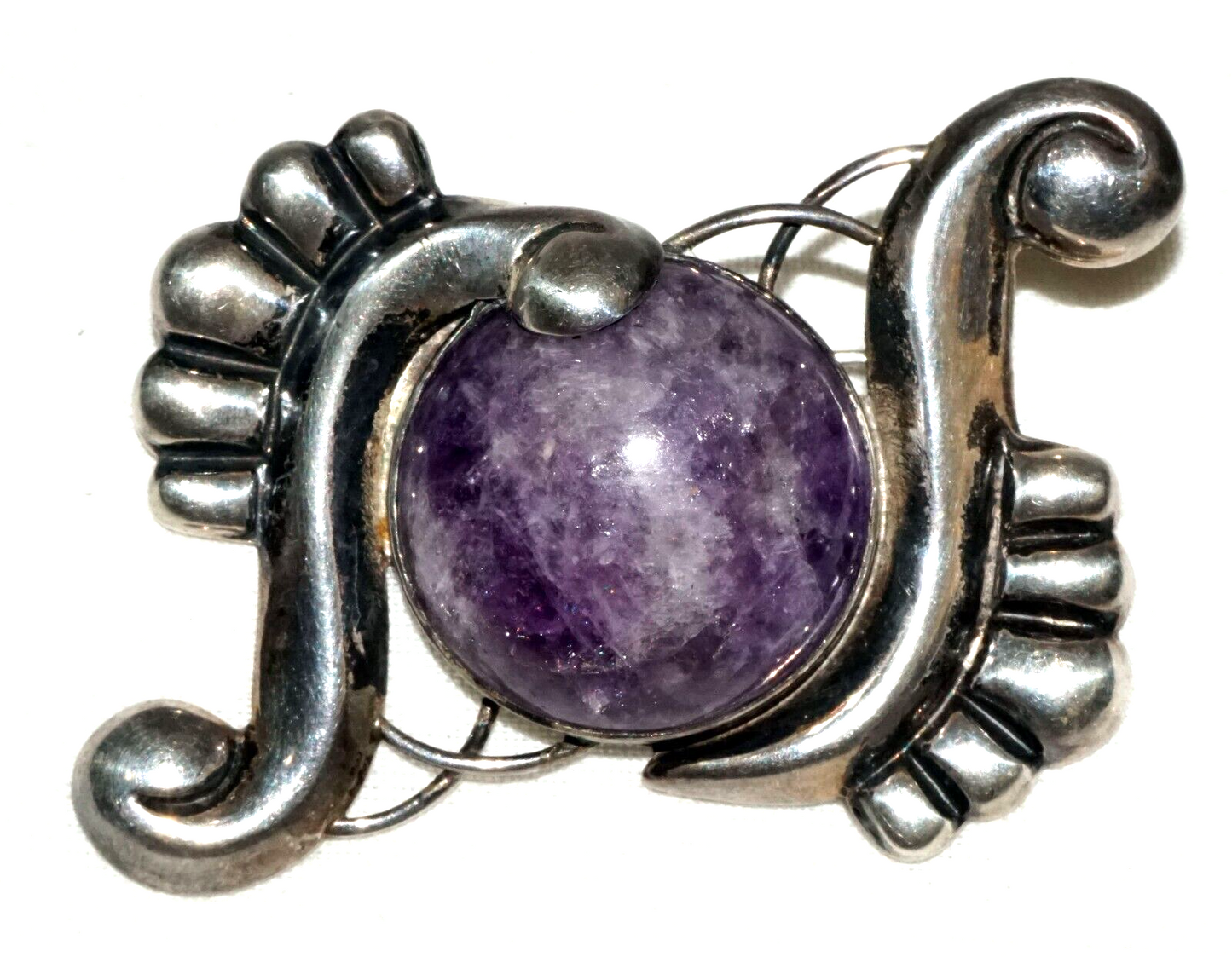 Vtg Mexican Modernist Sterling Silver Scroll Motif & Amethyst Brooch (KoS) L10