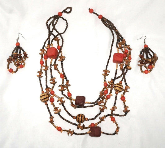 Multi Strand Coconut Shell & Orange Bead Ethnic Necklace & Earrings (MaM)6