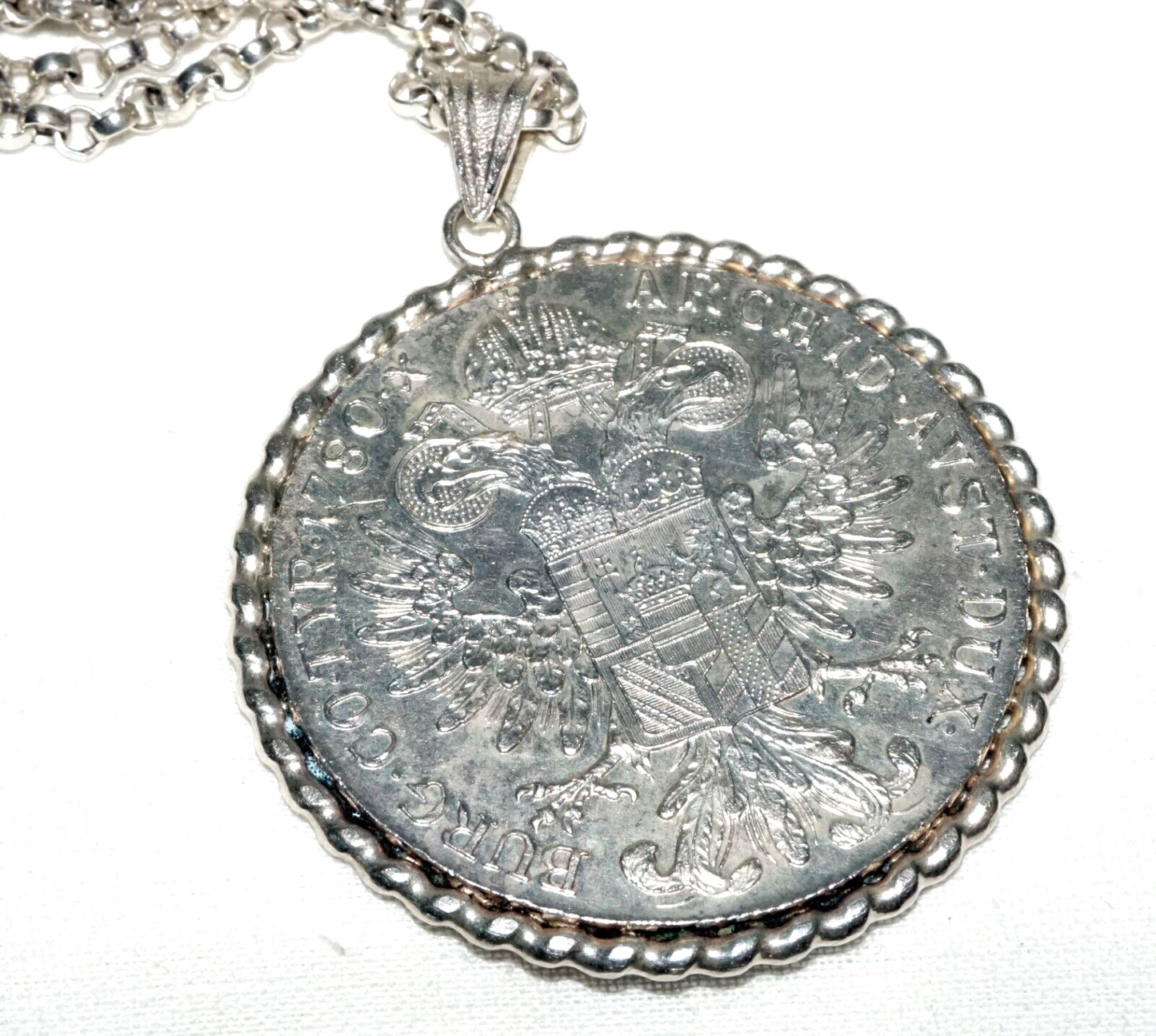 Vintage Egyptian Silver Necklace w. 1780 Austrian Silver Coin Pendant (KoS) L9