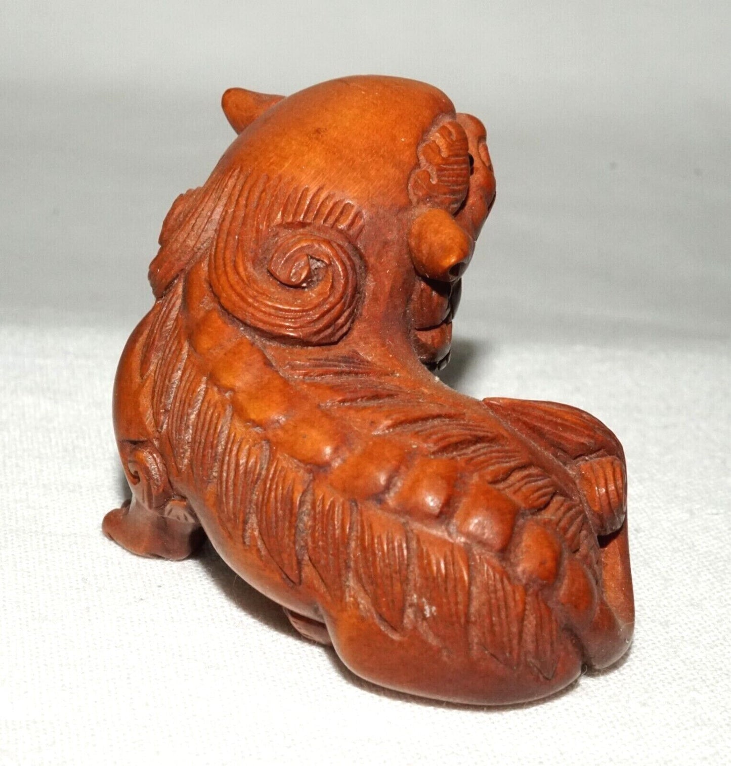 Vintage Japanese Wooden Carved Netsukes Lion Dog w. Ball Motif Signed (FeH