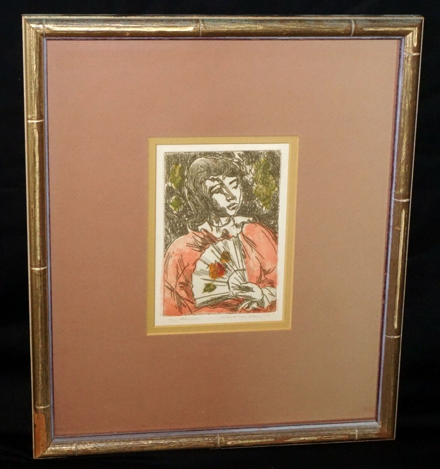 '70s Hawaii Color Etching Print Summer Girl w. Fan by Juliette May Fraser (MaM)