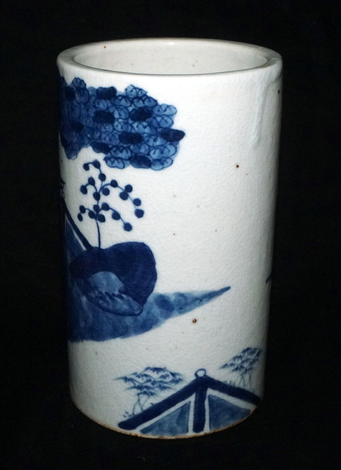 Chinese Blue & White Pottery Brush Pot w. Court-scene w Garden Motif (LeL) IC