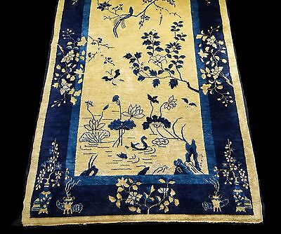 1920s Chinese Blue & Gold Wool Pile Rug w. Auspicious Motifs 92"x 60" (Sig)