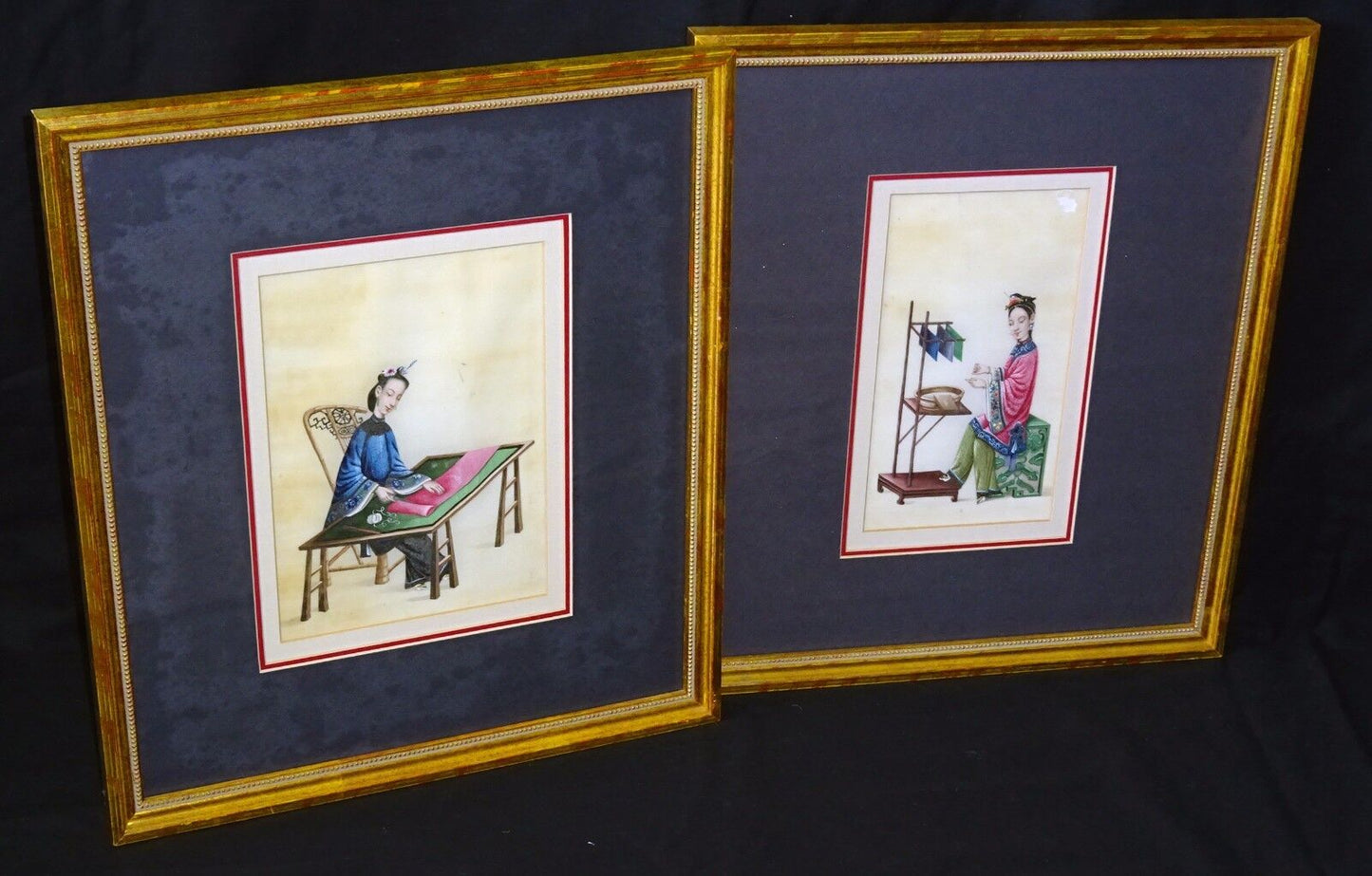 2x 19C Chinese Framed Qing WC Paintings on Pith of Seated Fine Ladies (Sul) G#1